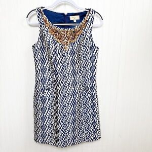 Moulinette Soeurs by Anthropologie Navy Blue & White Print Beaded Neckline Dress
